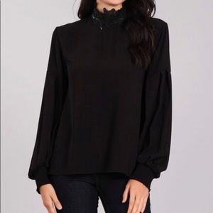 BLVD lace mock neck, bubble sleeves, back tie